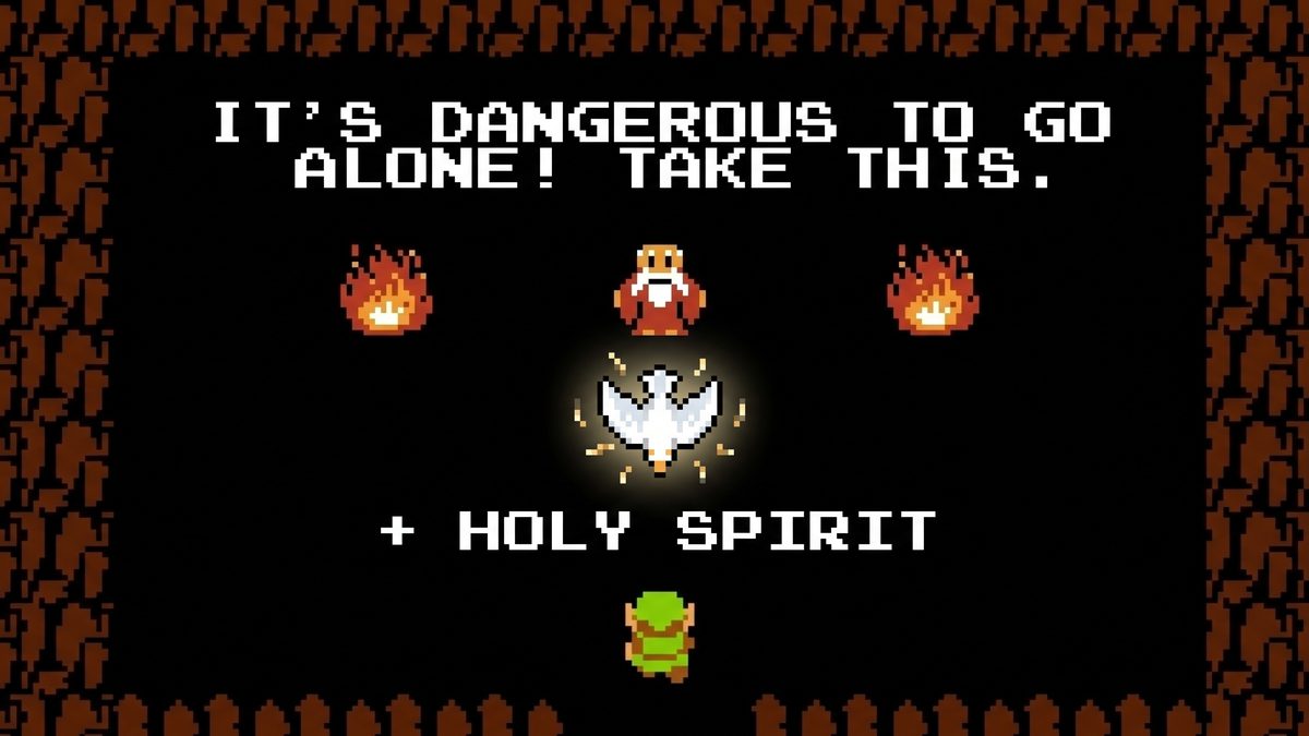 Pixel-art scene: It's dangerous to go alone, take this &mdash; plus the Holy Spirit